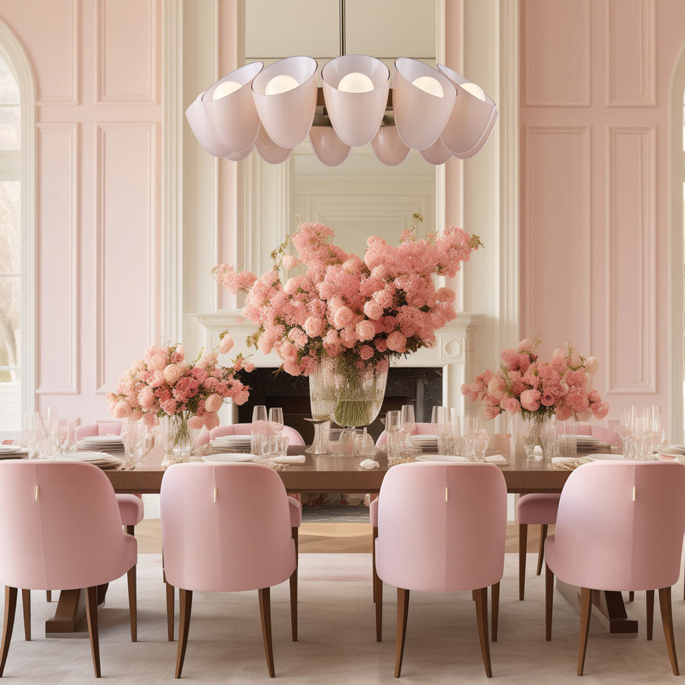 Cocoon Chandelier in dining room.