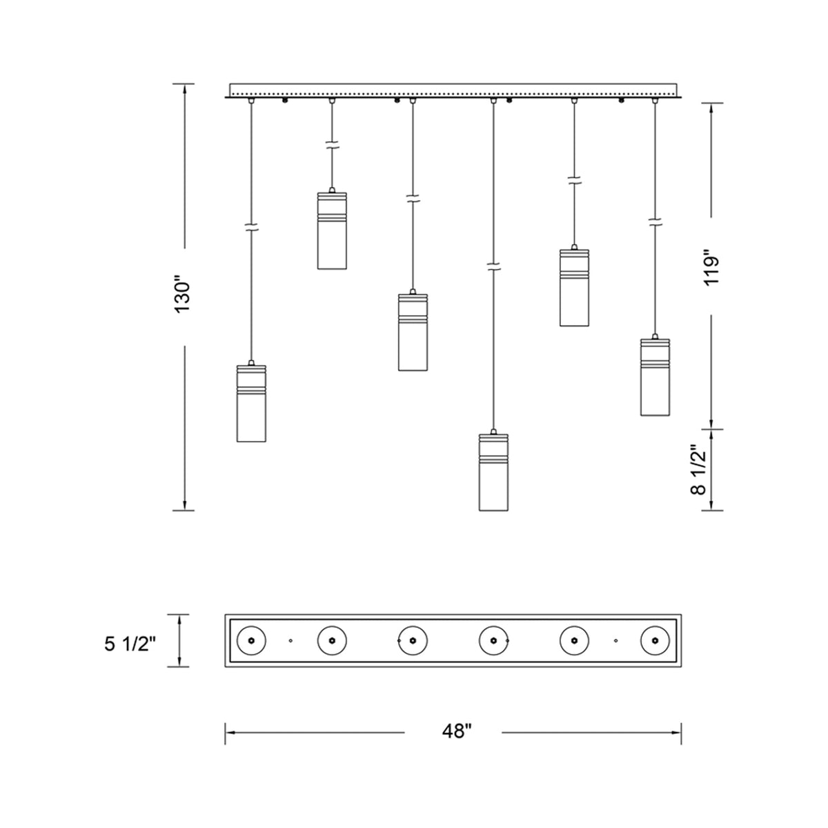 Kiriko Linear LED Pendant Light - line drawing.