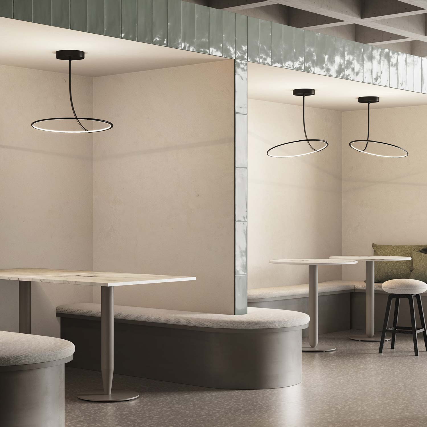 Poise LED Flush Mount Ceiling Light in restaurant.