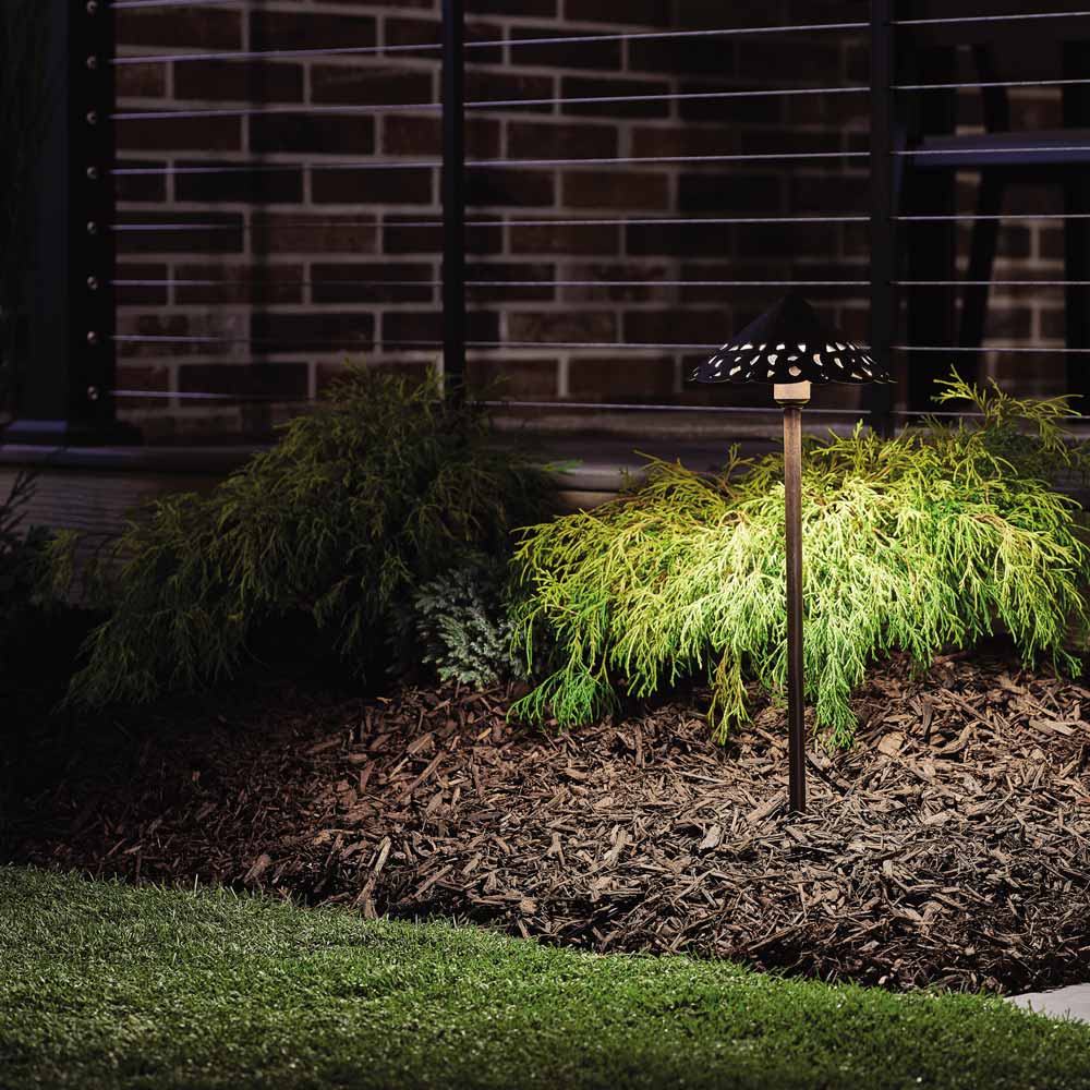 Cast Hammered Roof LED Path Light in Outdoor Area.