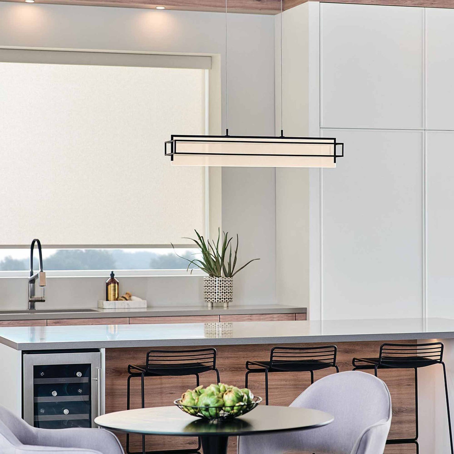 Vega LED Linear Pendant Light in kitchen.