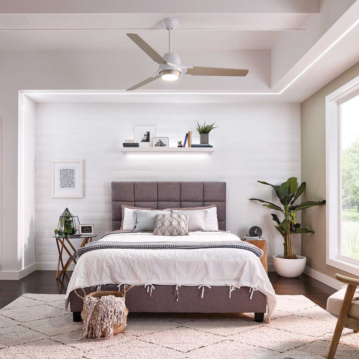 Zeus LED Ceiling Fan in bedroom.