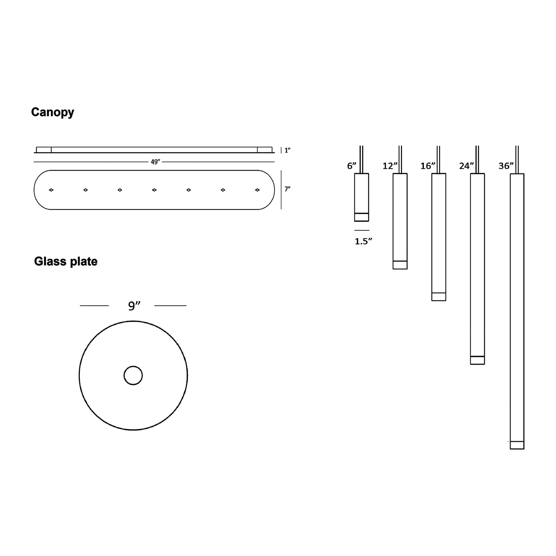 Combi Linear 7 LED Glass Pendant Light - line drawing.