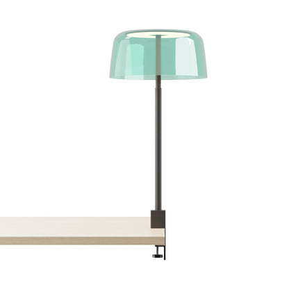 Yurei Edge Clamp LED Co-Working Lamp in Matte Black/Aqua Blue/Transparent Polymer.