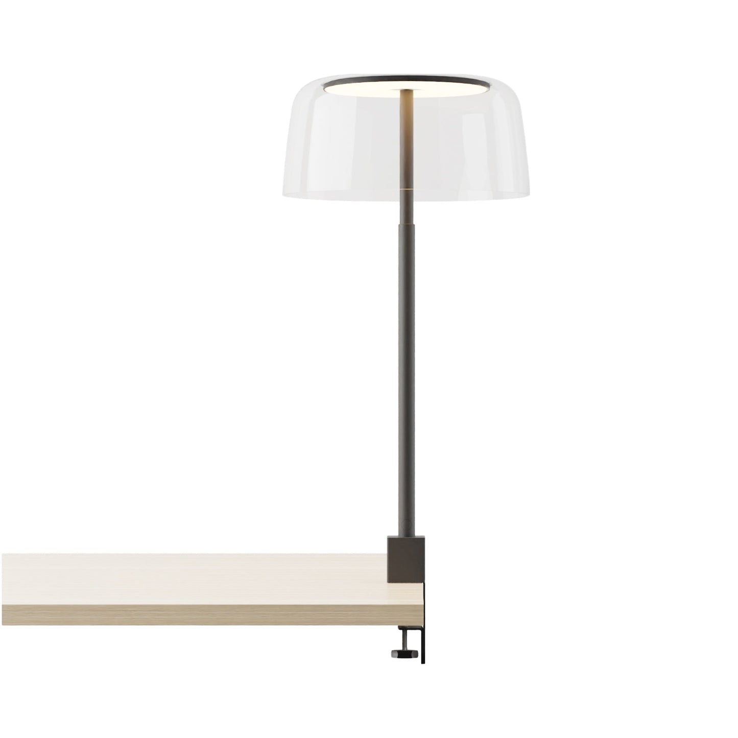 Yurei Edge Clamp LED Co-Working Lamp in Matte Black/Clear/Transparent Polymer.