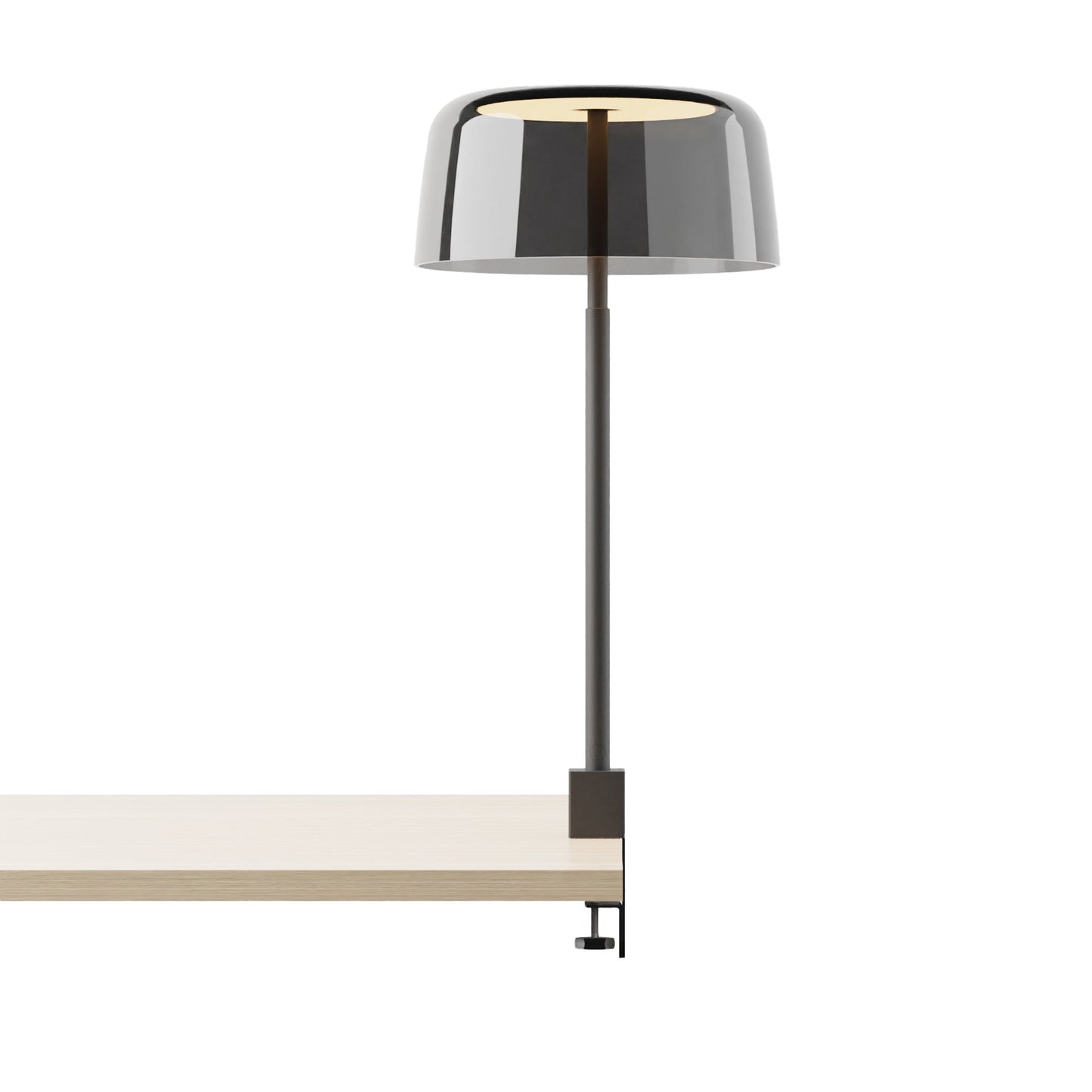 Yurei Edge Clamp LED Co-Working Lamp in Matte Black/Dark Grey/Transparent Polymer.