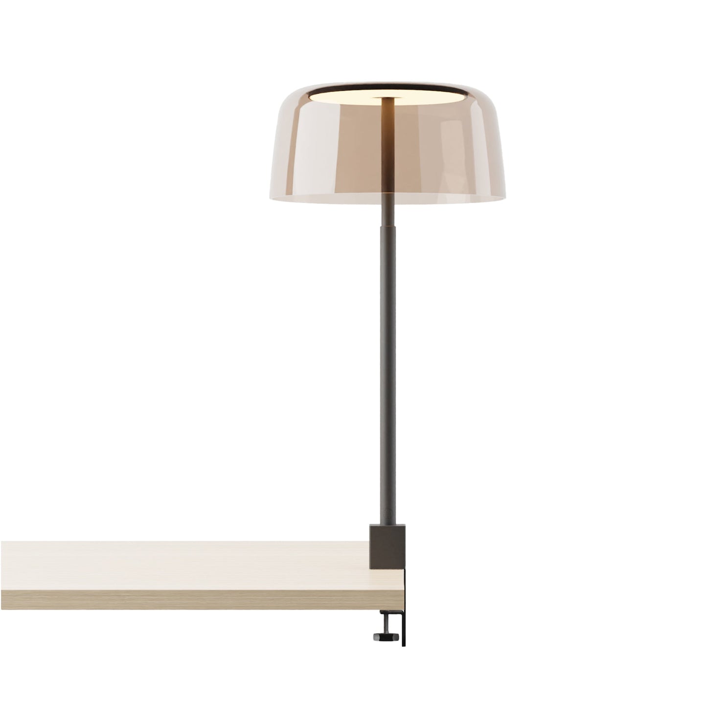 Yurei Edge Clamp LED Co-Working Lamp in Matte Black/Tea Brown/Transparent Polymer.