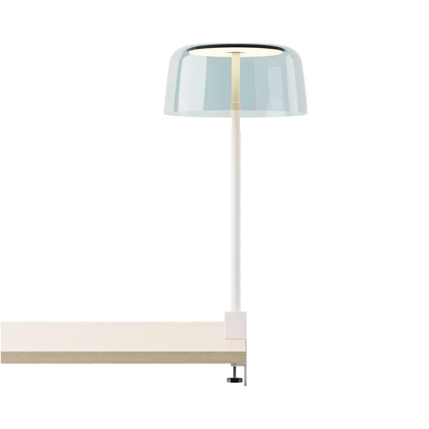 Yurei Edge Clamp LED Co-Working Lamp in Matte White/Aqua Blue/Transparent Polymer.