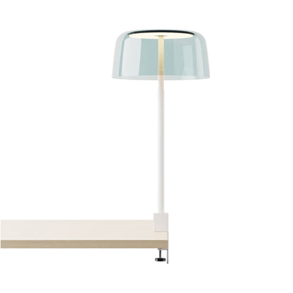 Yurei Edge Clamp LED Co-Working Lamp in Matte White/Aqua Blue/Transparent Polymer.