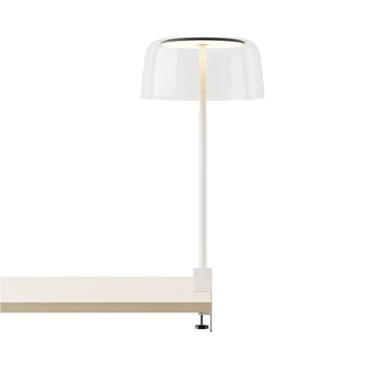 Yurei Edge Clamp LED Co-Working Lamp in Matte White/Clear/Transparent Polymer.