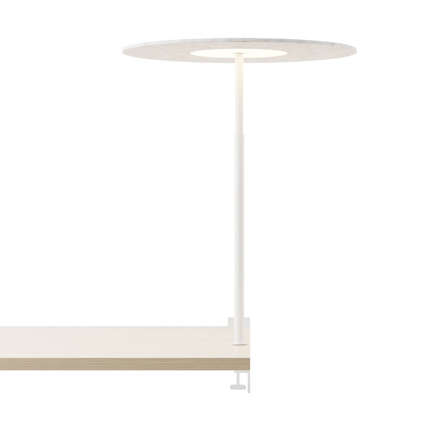 Yurei Edge Clamp LED Co-Working Lamp in Matte White/Light Marble/Acoustic Panel.