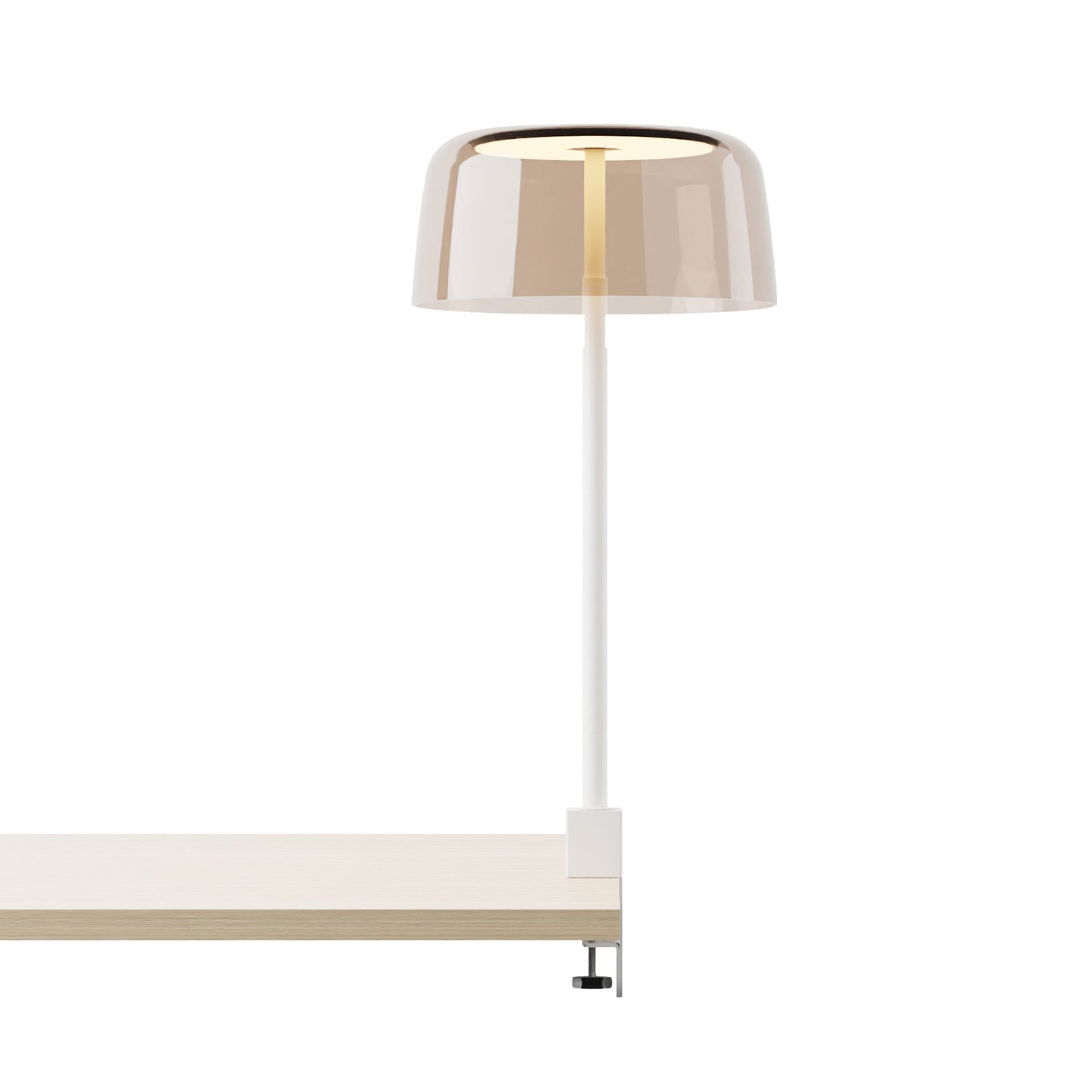 Yurei Edge Clamp LED Co-Working Lamp in Matte White/Tea Brown/Transparent Polymer.