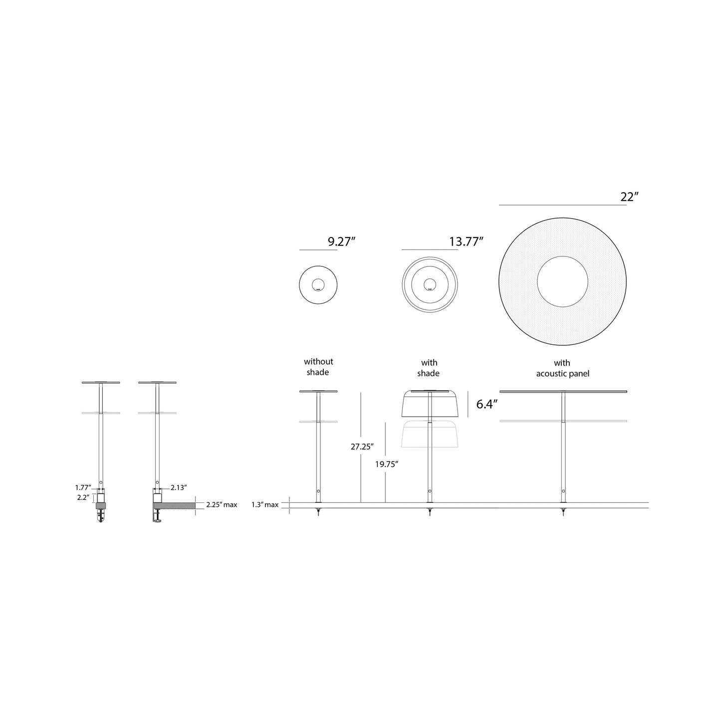 Yurei Edge Clamp LED Co-Working Lamp - line drawing.