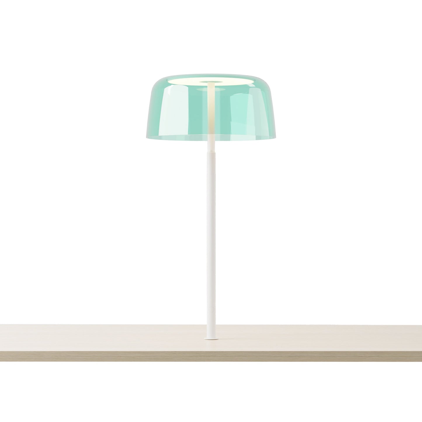 Yurei LED Co-Working Lamp in Matte White/Aqua Blue/Transparent Polymer.