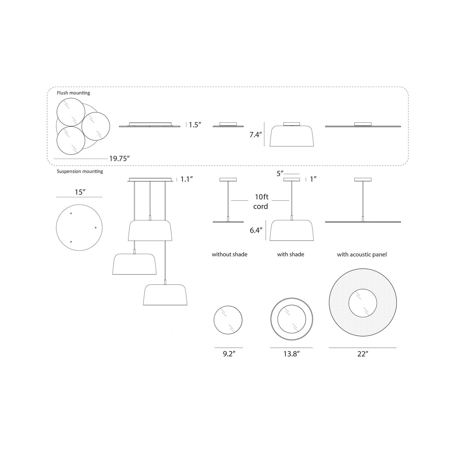 Yurei LED Pendant Light - line drawing.