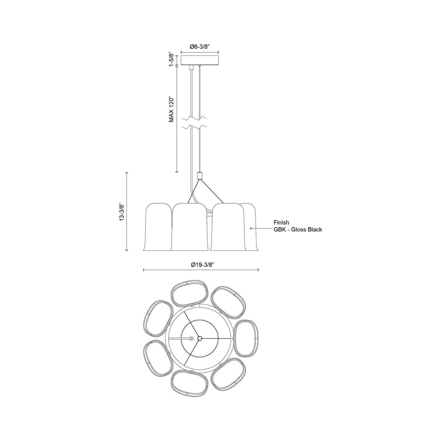Bell LED Chandelier - line drawing.