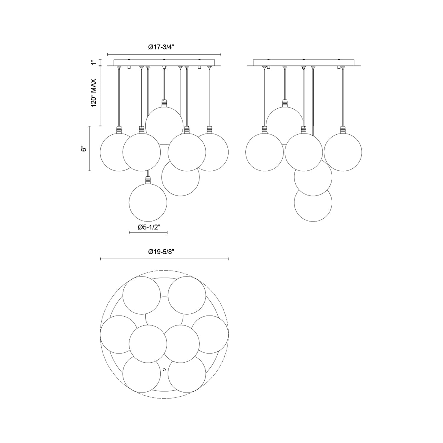 Bolla Multi Light LED Pendant Light - line drawing.