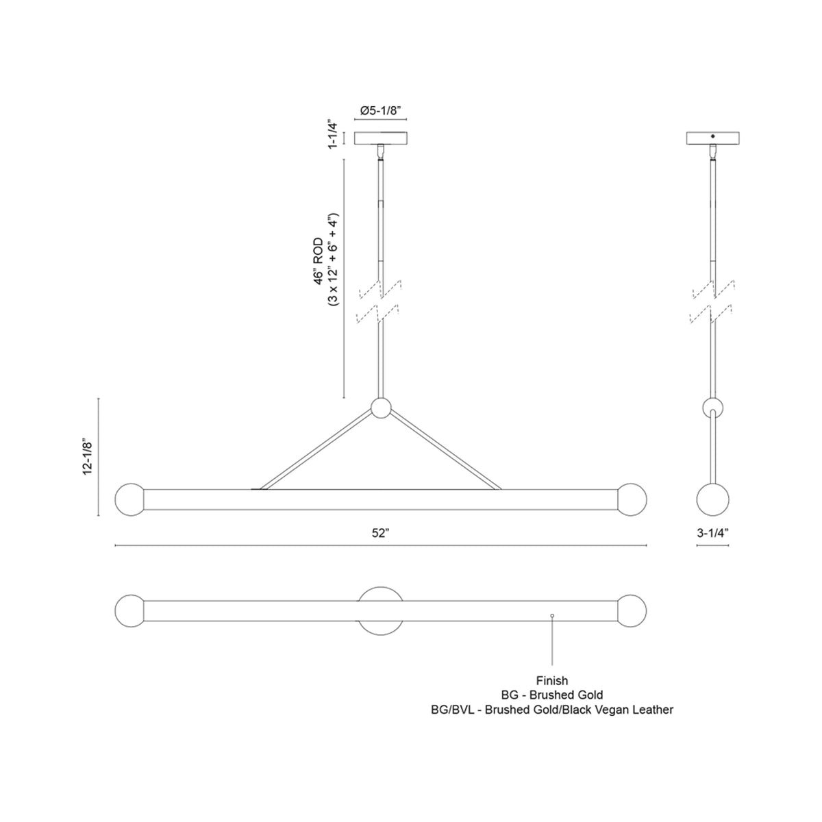 Calla Linear LED Pendant Light - line drawing.