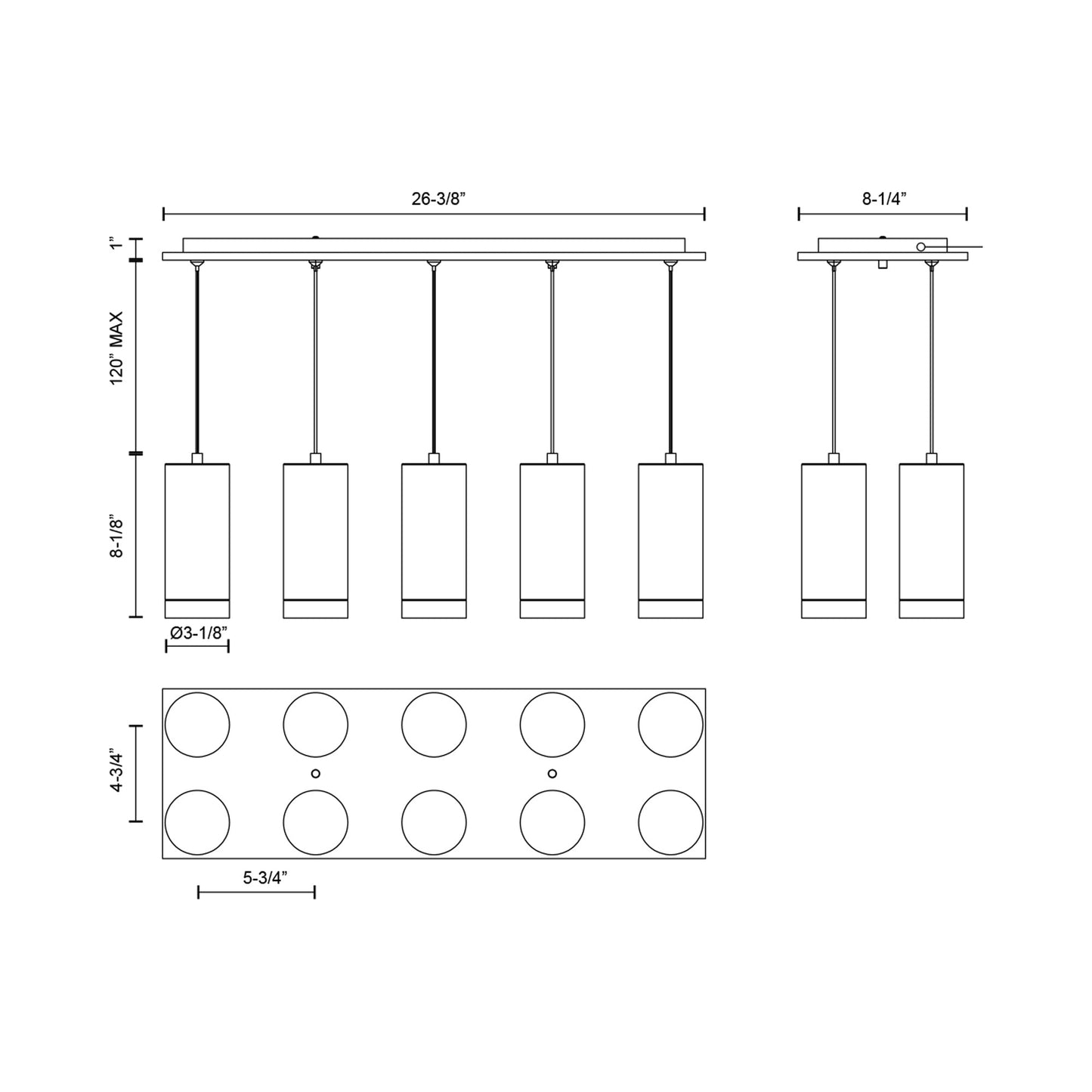Cameo Rectangle Multi Light LED Pendant Light - line drawing.