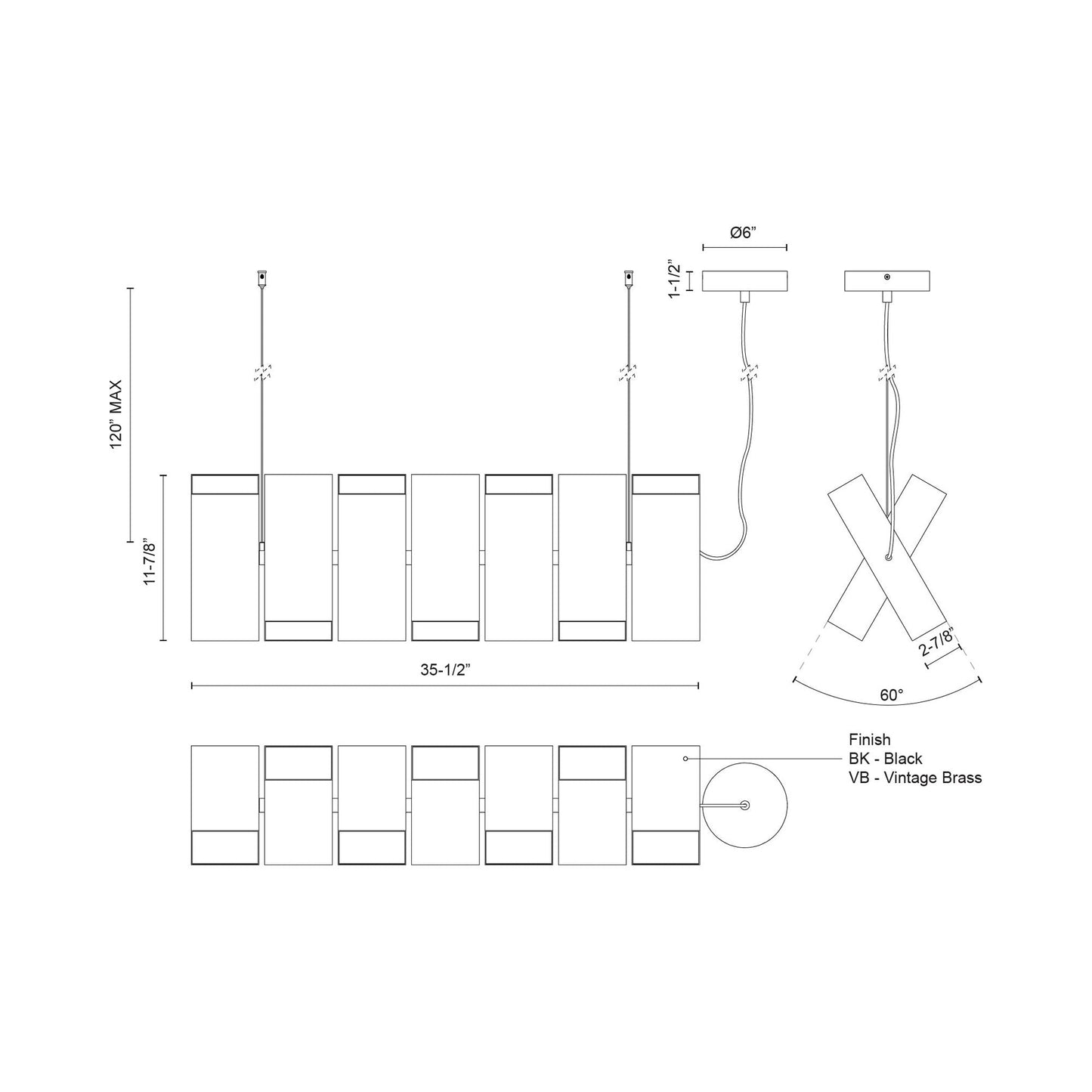 Domino Linear LED Pendant Light - line drawing.