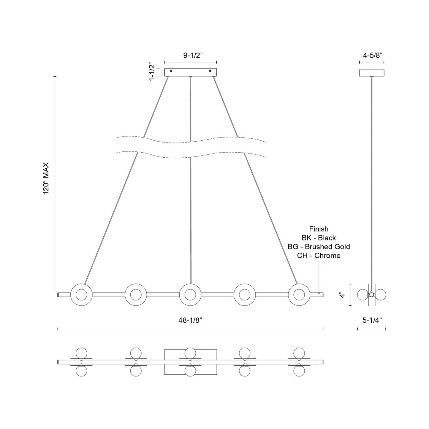 Elixir Linear LED Pendant Light - line drawing.