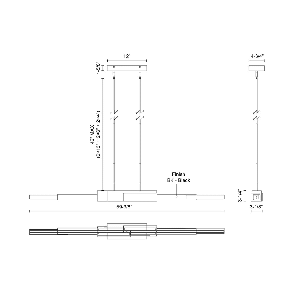 Enzo Linear LED Pendant Light - line drawing.