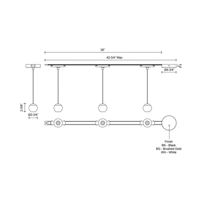 Faria Trilo Track Multi Light LED Pendant Light - line drawing.