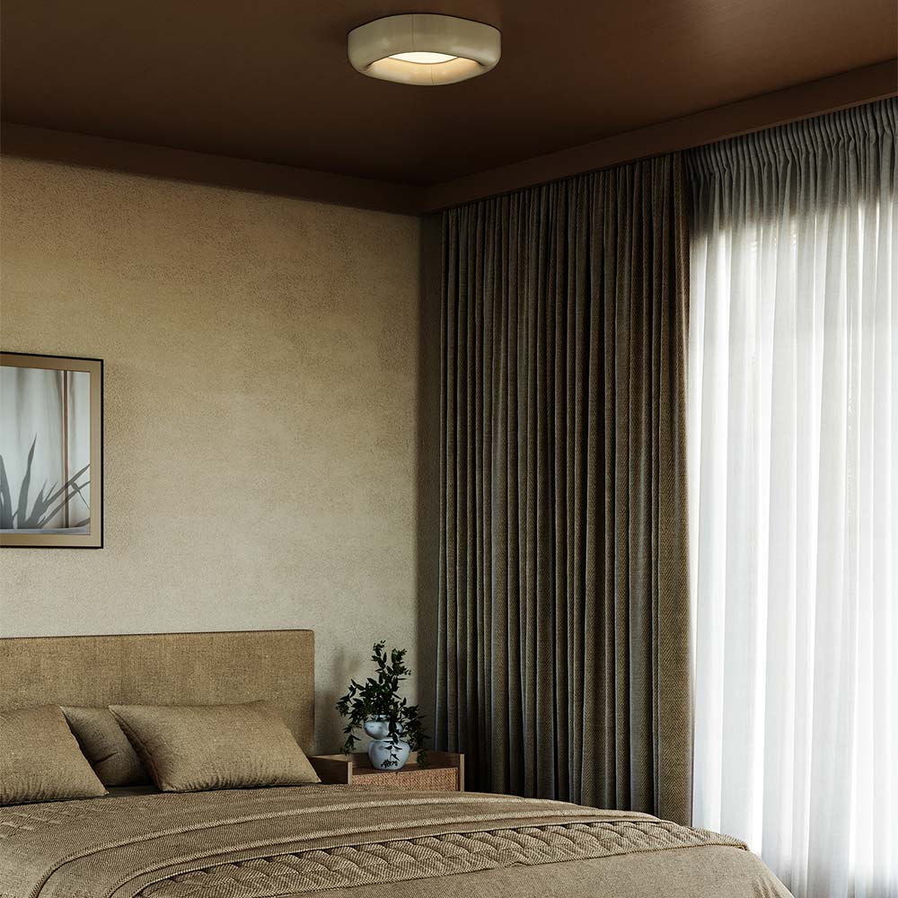 Folio LED Flush Mount Ceiling Light in bedroom.