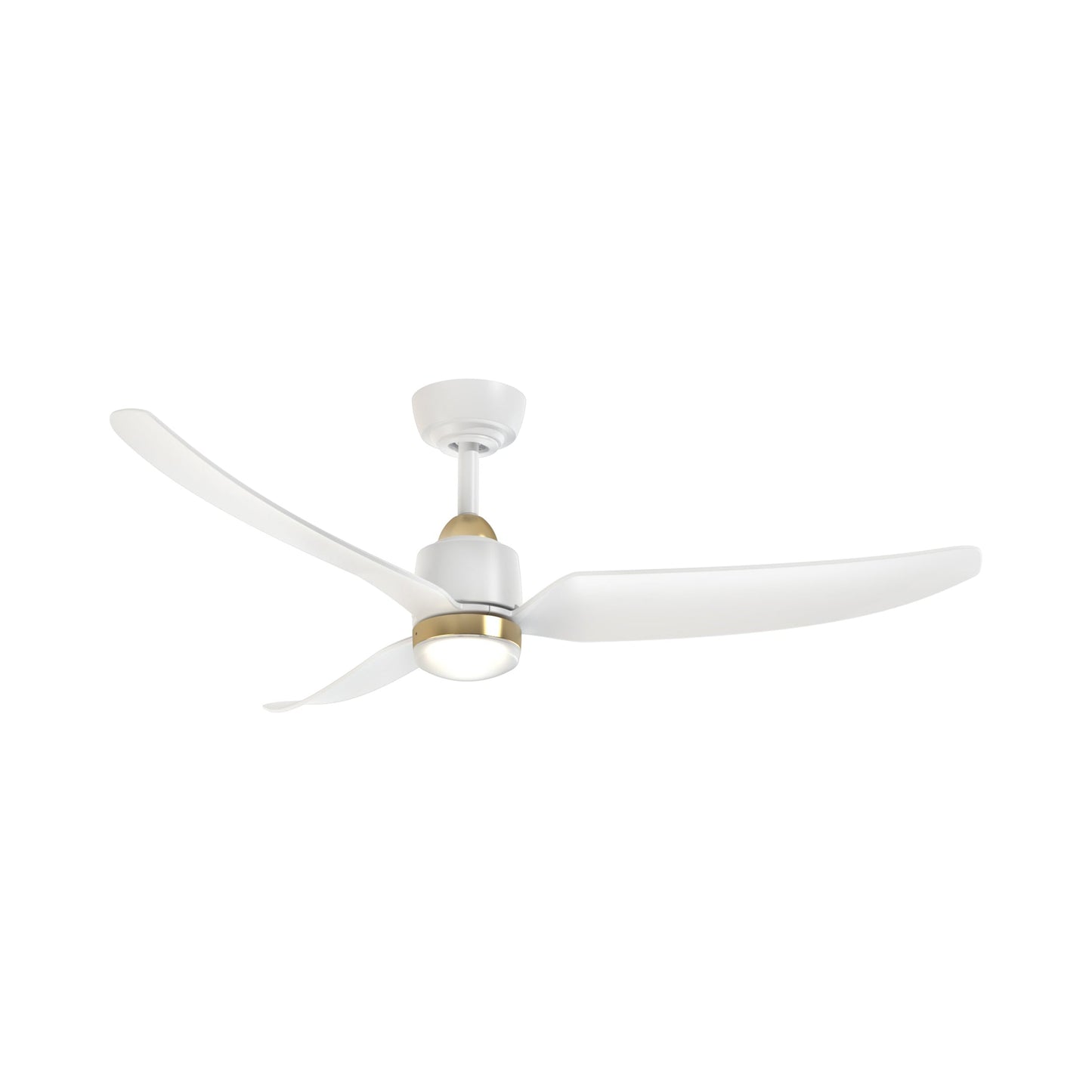Hugo Outdoor Ceiling Fan in Brushed Gold/Matte White (52-Inch/Light Kit Included).