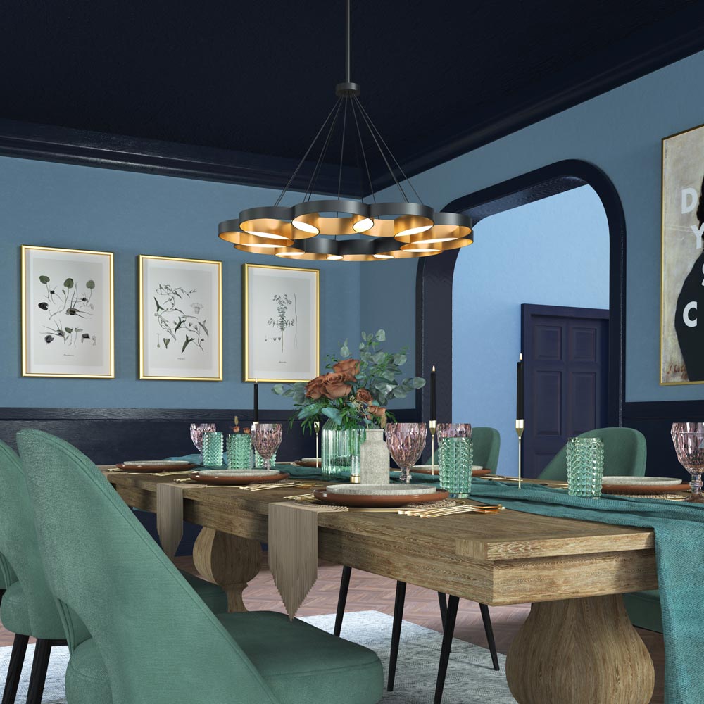 Maestro LED Chandelier in dining room.