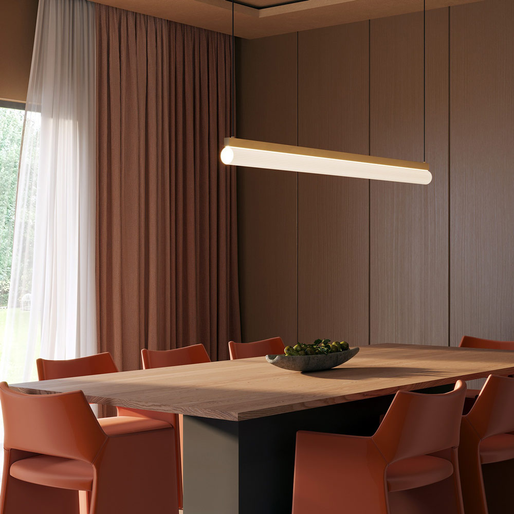 Nio Linear LED Pendant Light in dining room.
