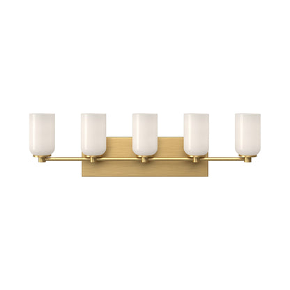 Nola Bath Vanity Light in Brushed Gold/Glossy Opal Glass (5-Light).