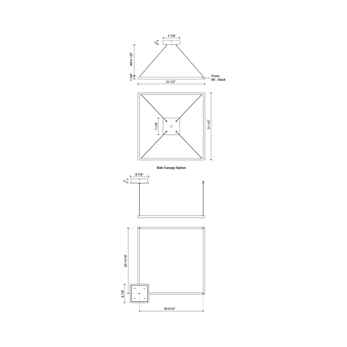 Piazza Square LED Pendant Light - line drawing.