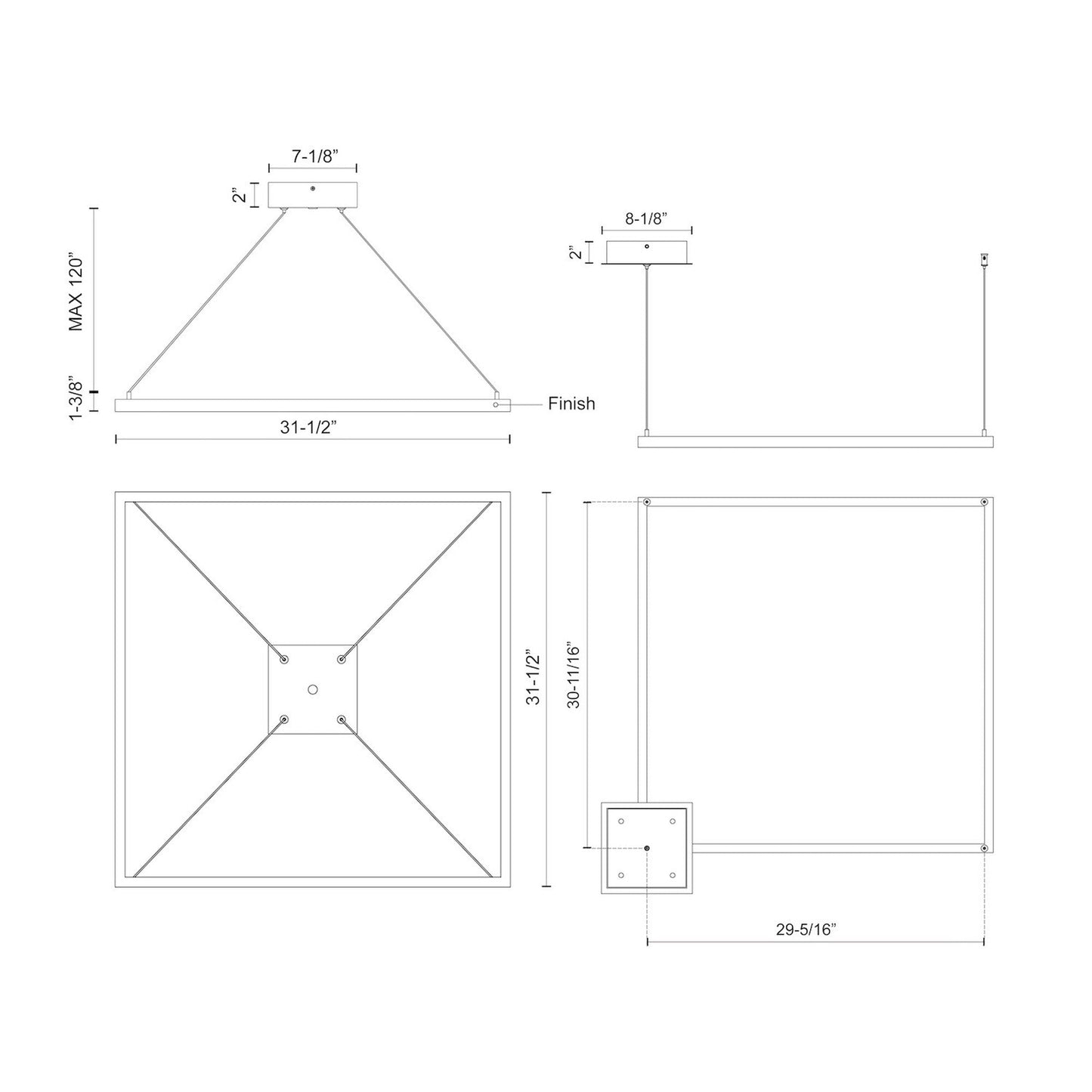 Piazza Square LED Pendant Light - line drawing.