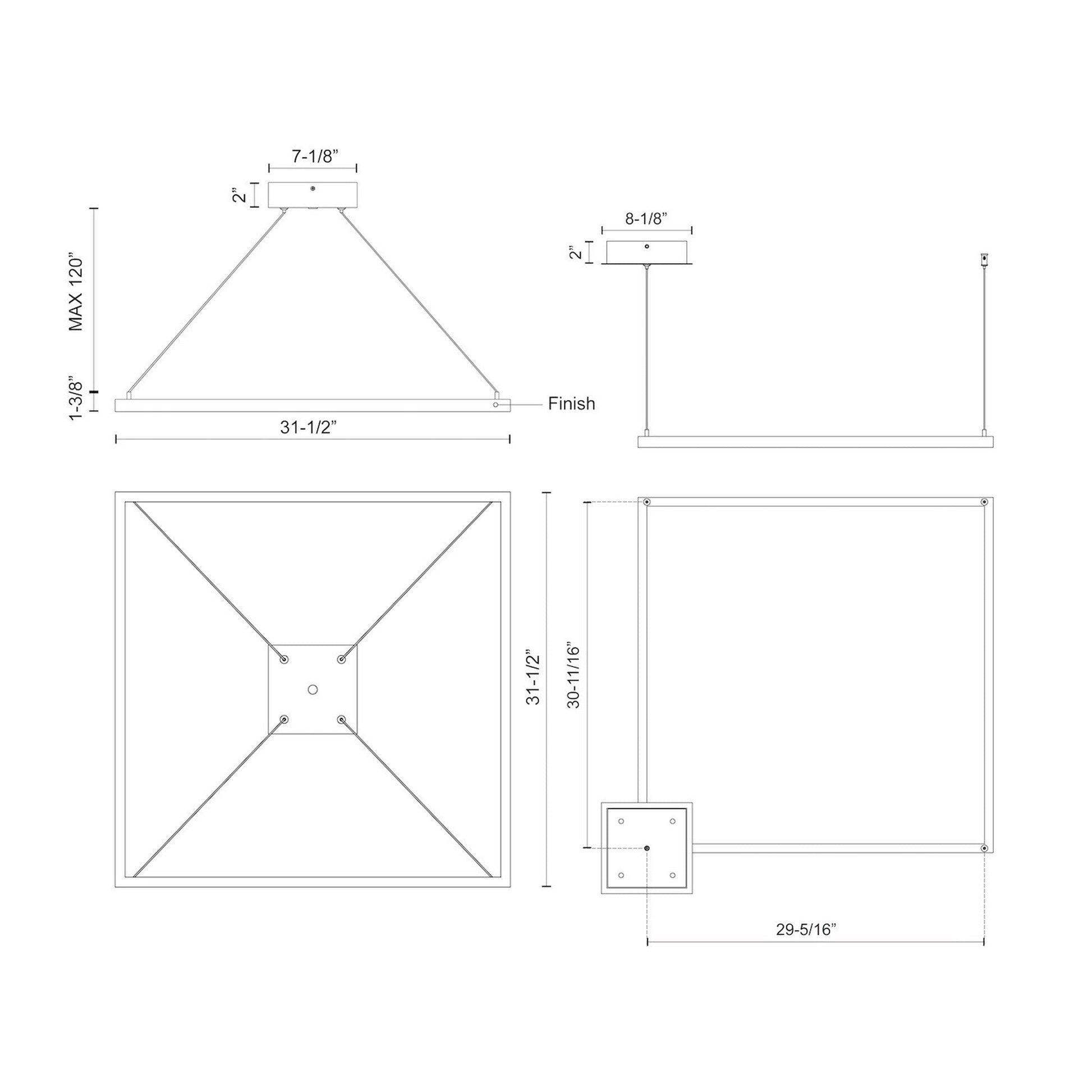 Piazza Square LED Pendant Light - line drawing.