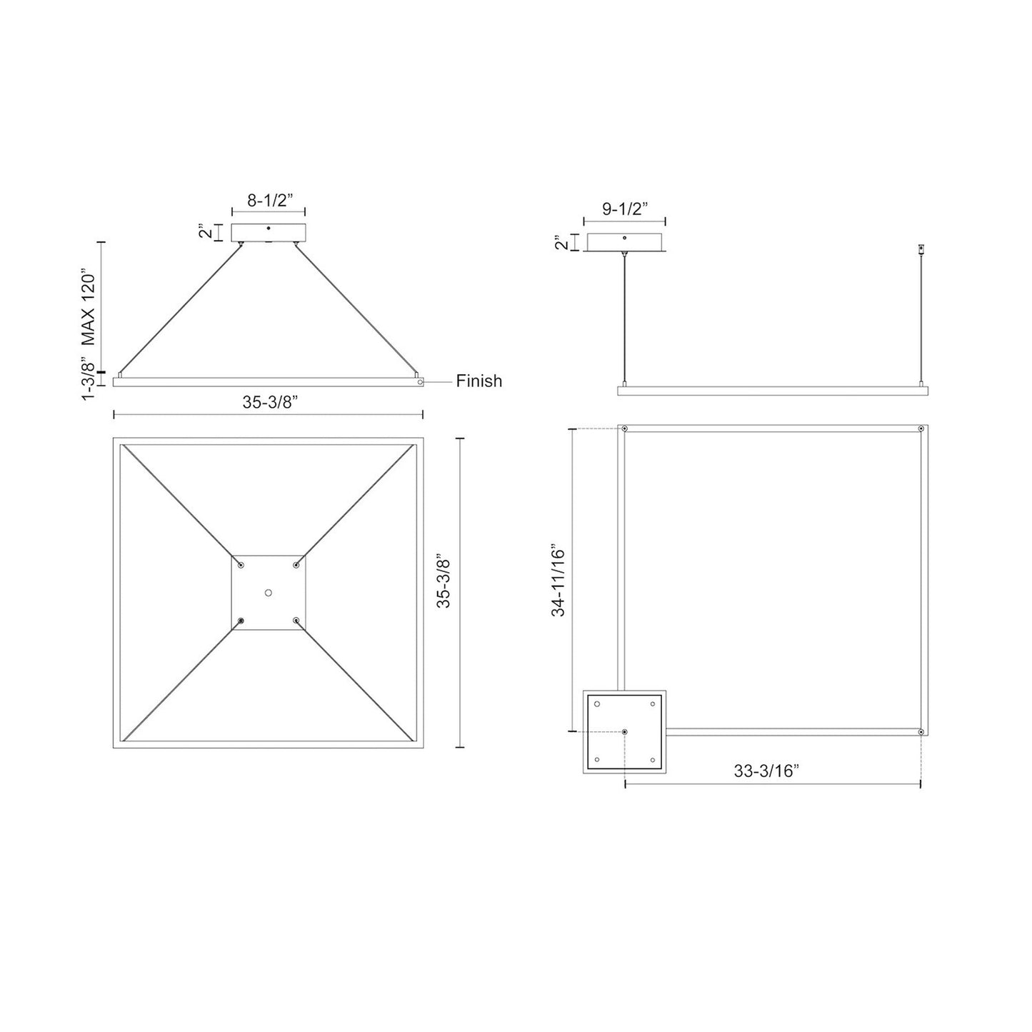 Piazza Square LED Pendant Light - line drawing.