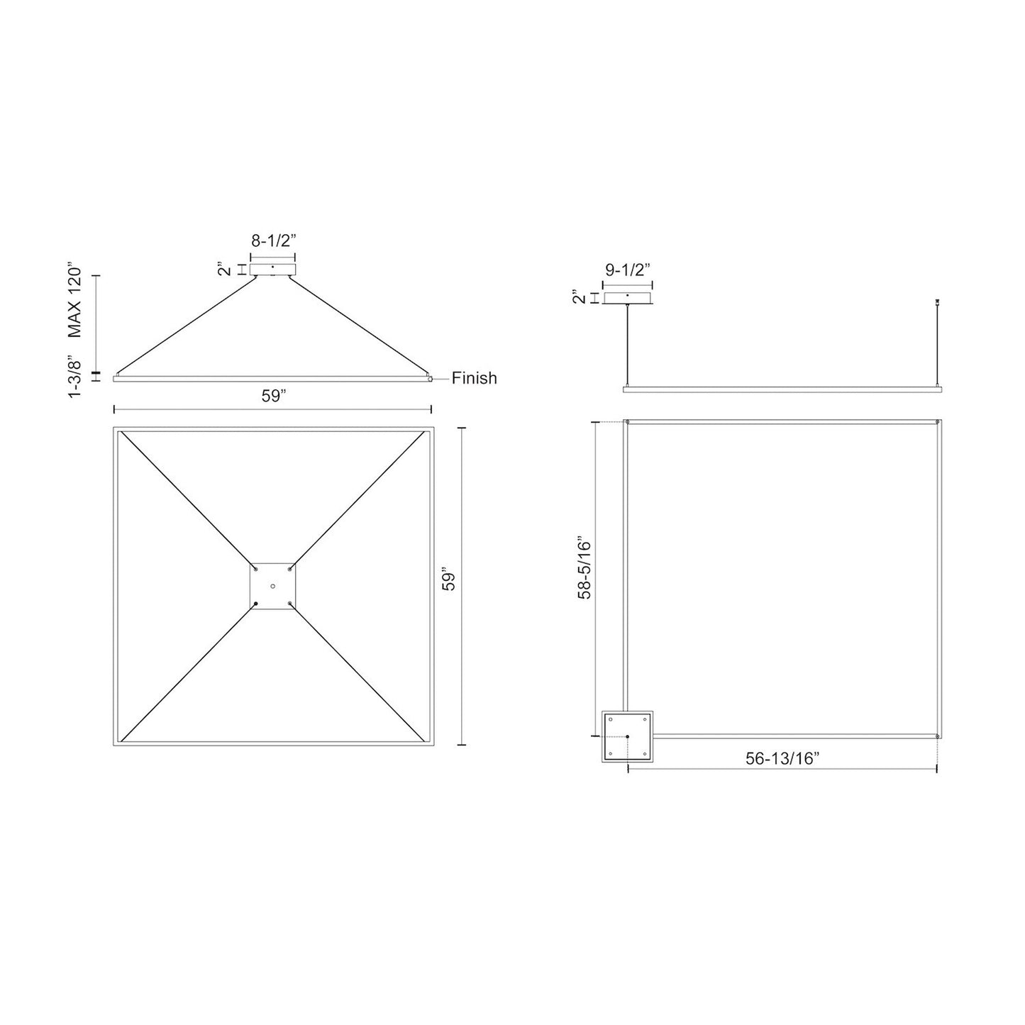 Piazza Square LED Pendant Light - line drawing.