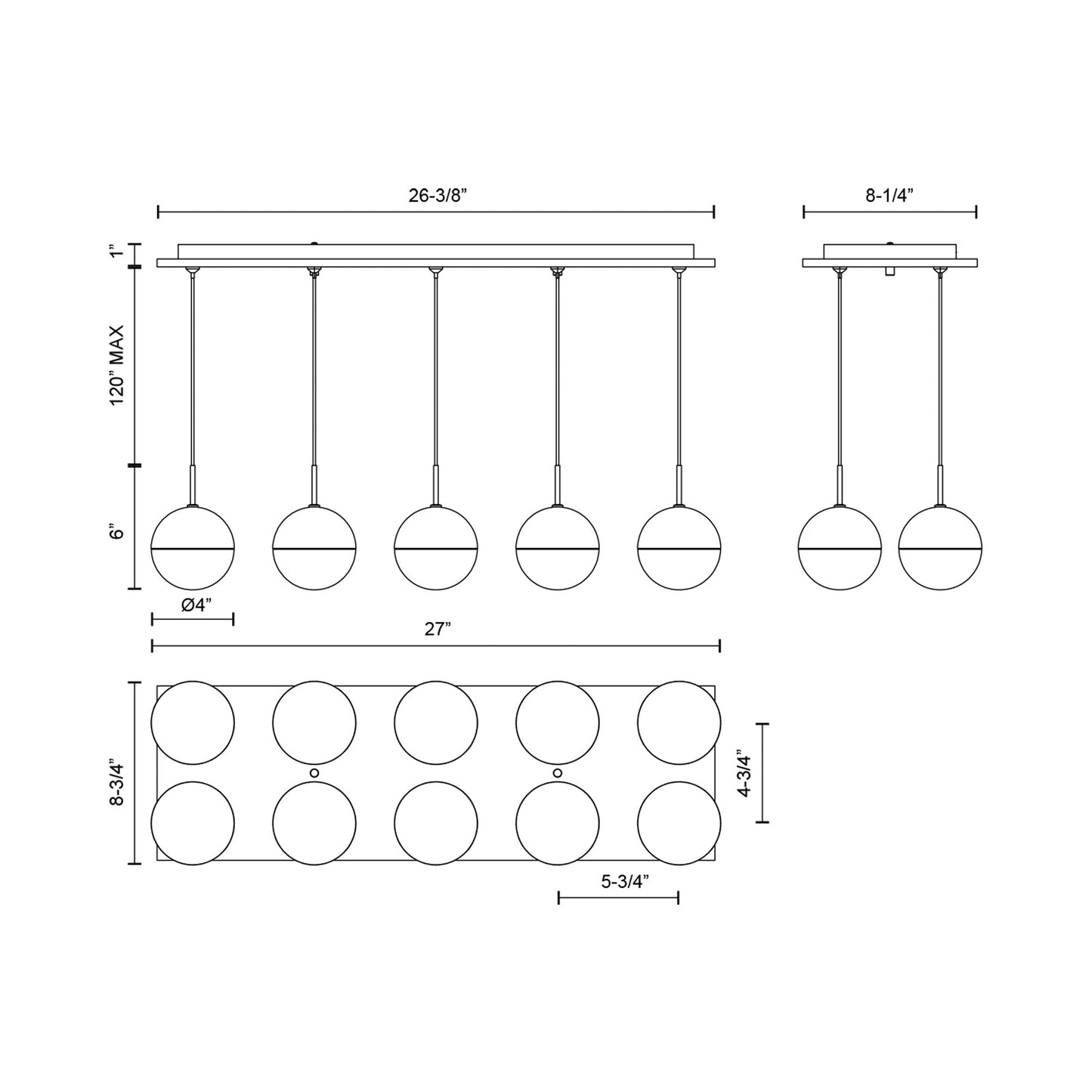 Pluto Rectangle Multi Light LED Pendant Light - line drawing.