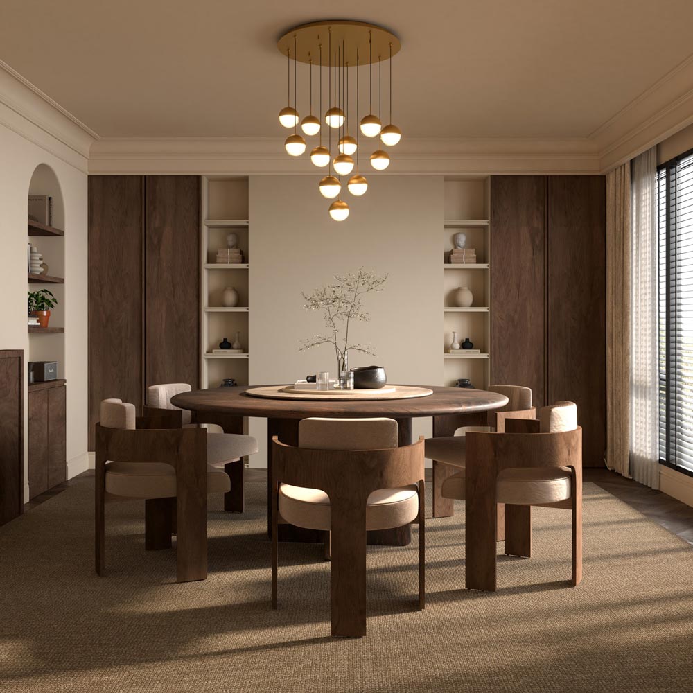 Pluto Round Multi Light LED Pendant Light in dining room.