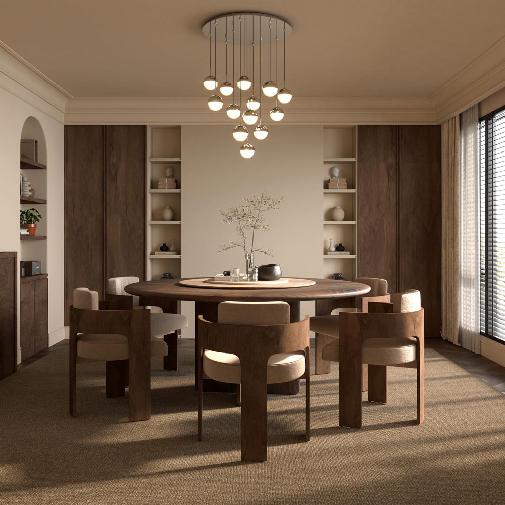 Pluto Round Multi Light LED Pendant Light in dining room.