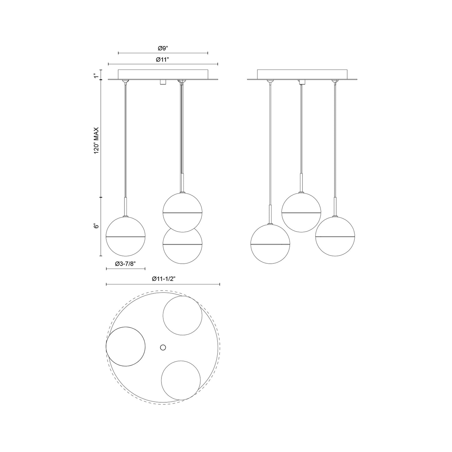 Pluto Round Multi Light LED Pendant Light - line drawing.