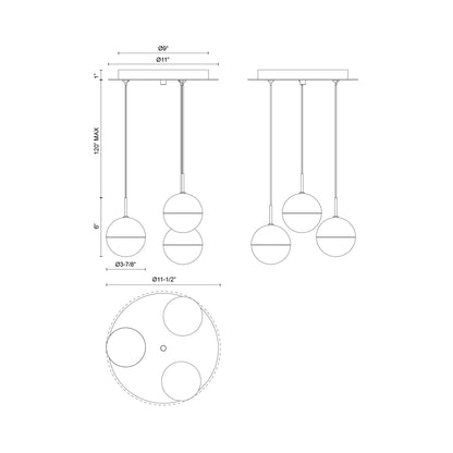 Pluto Round Multi Light LED Pendant Light - line drawing.