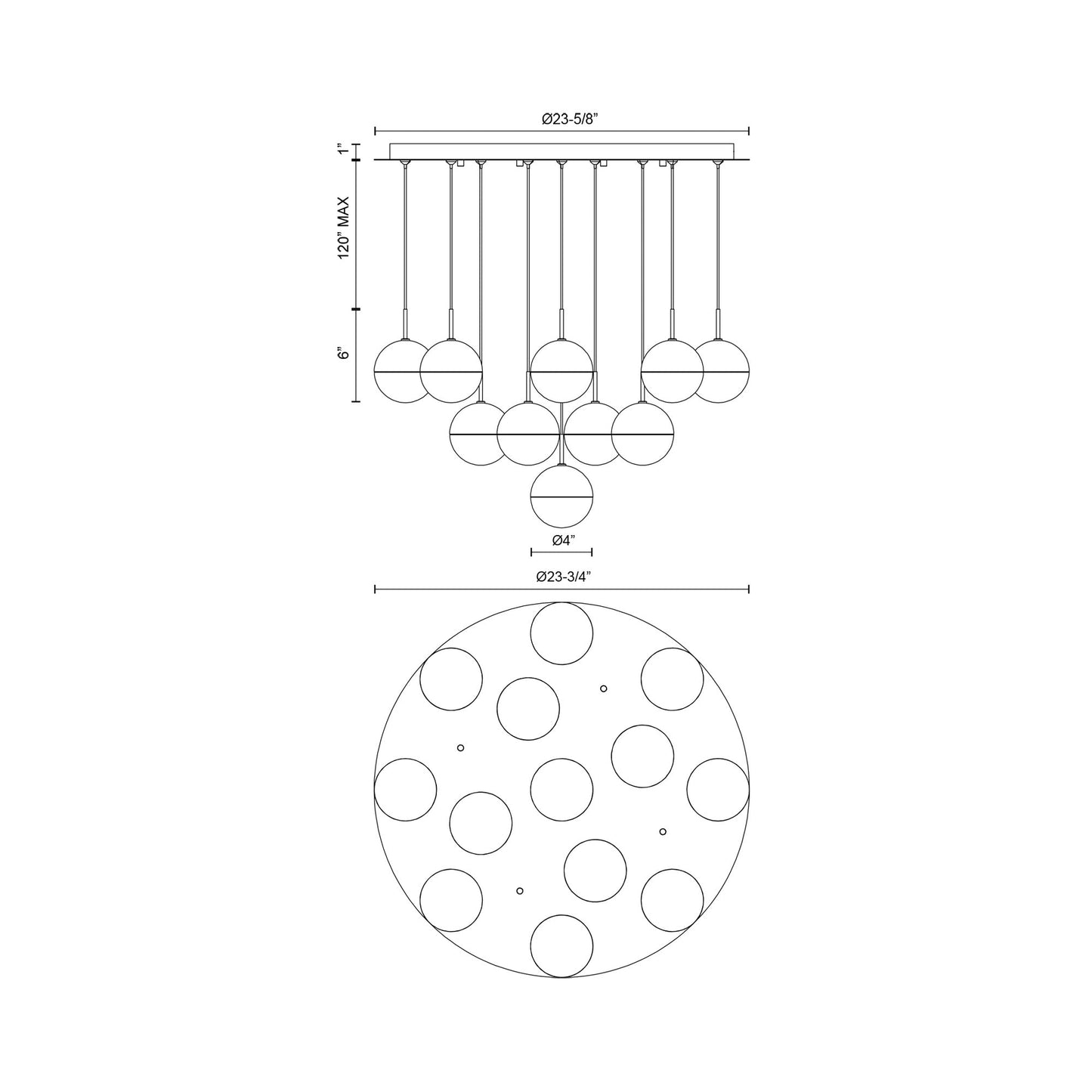 Pluto Round Multi Light LED Pendant Light - line drawing.