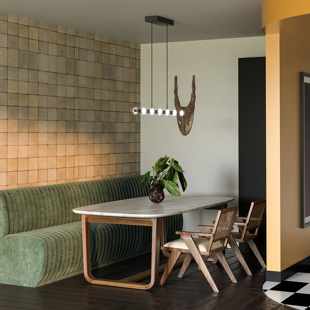 Rezz Linear LED Pendant Light in living room.