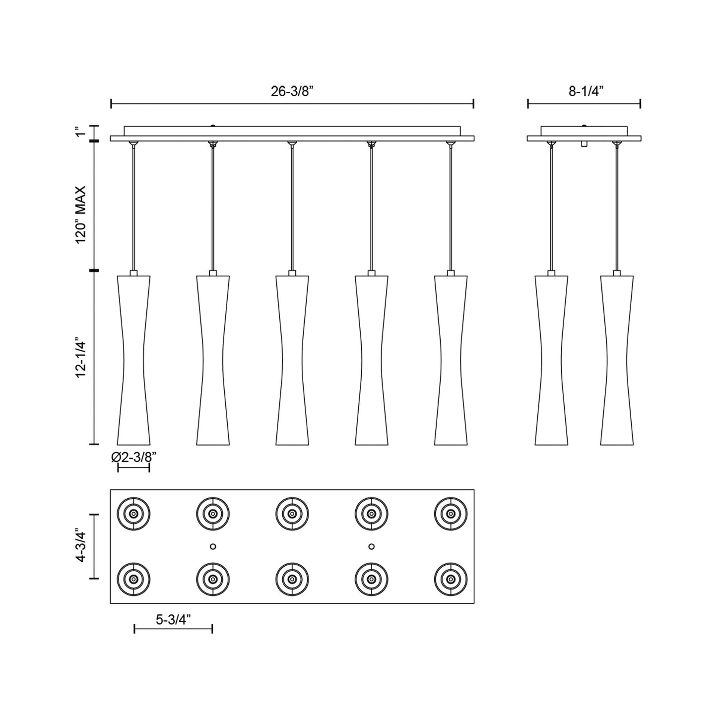 Robson Rectangle Multi Light LED Pendant Light - line drawing.