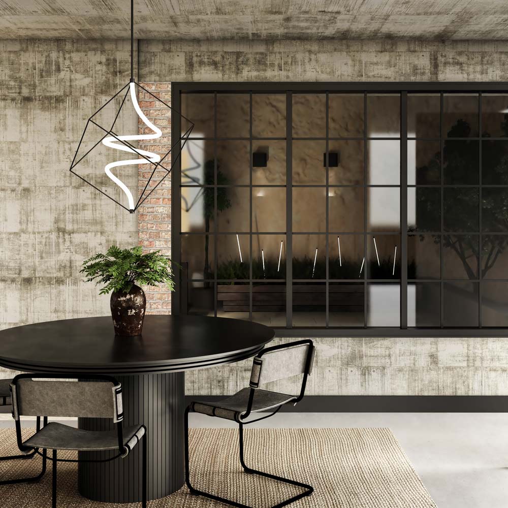 Script LED Pendant Light in dining room.