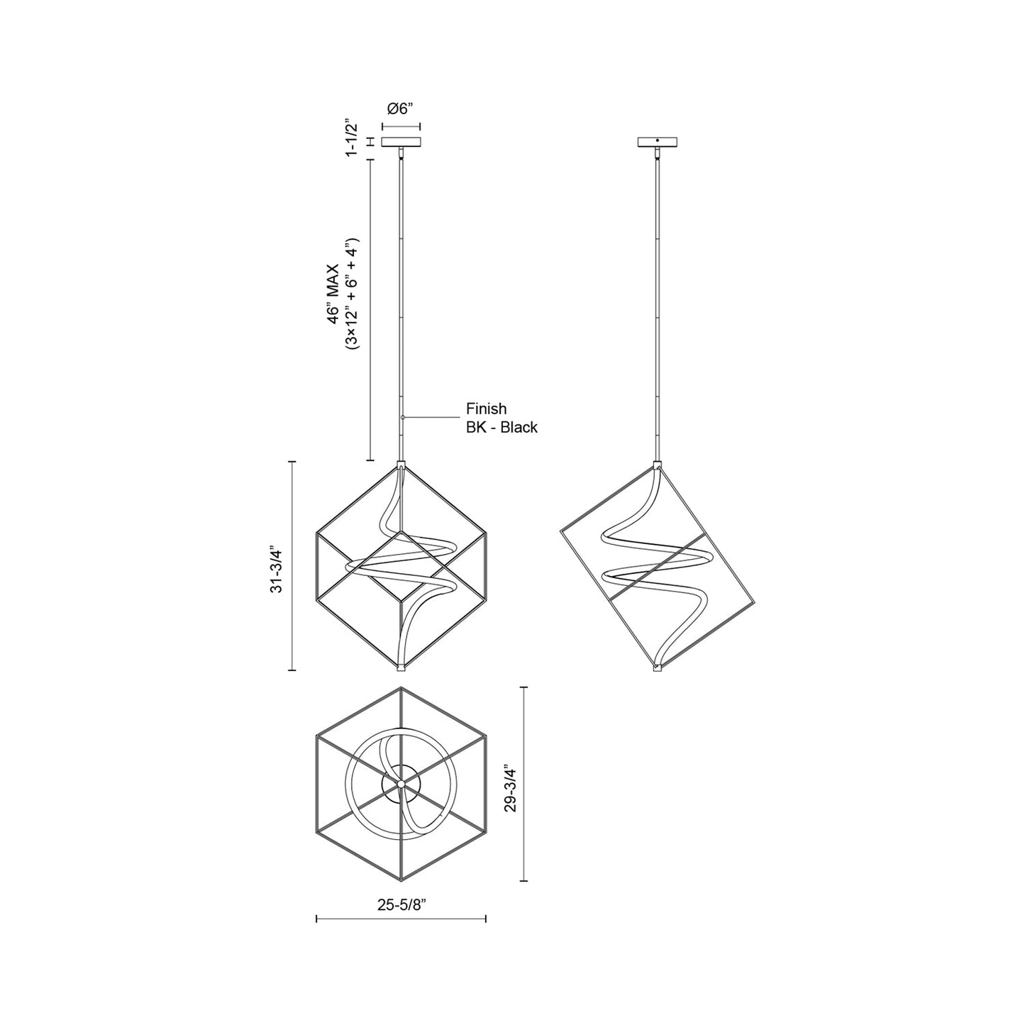 Script LED Pendant Light - line drawing.