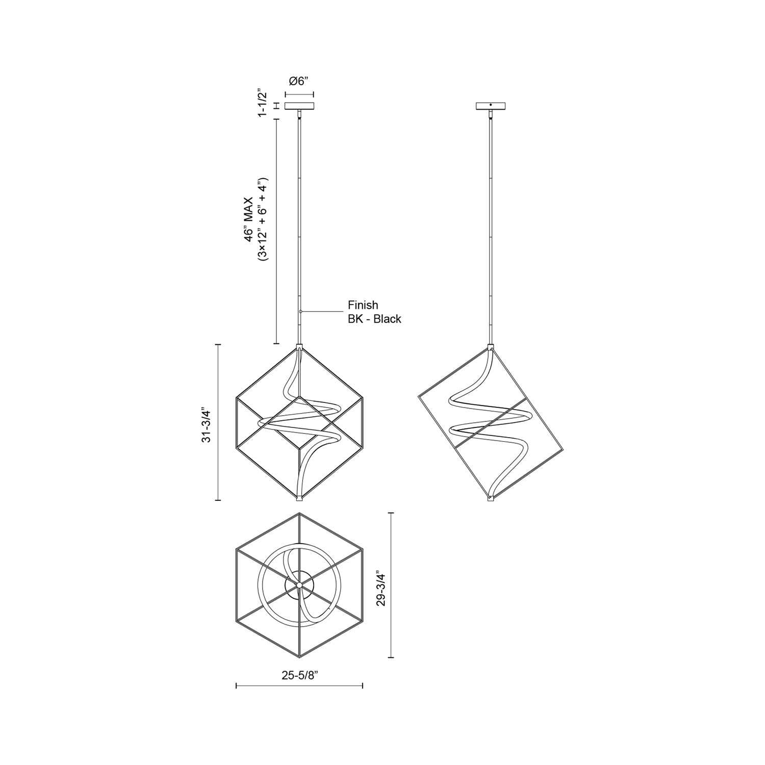 Script LED Pendant Light - line drawing.
