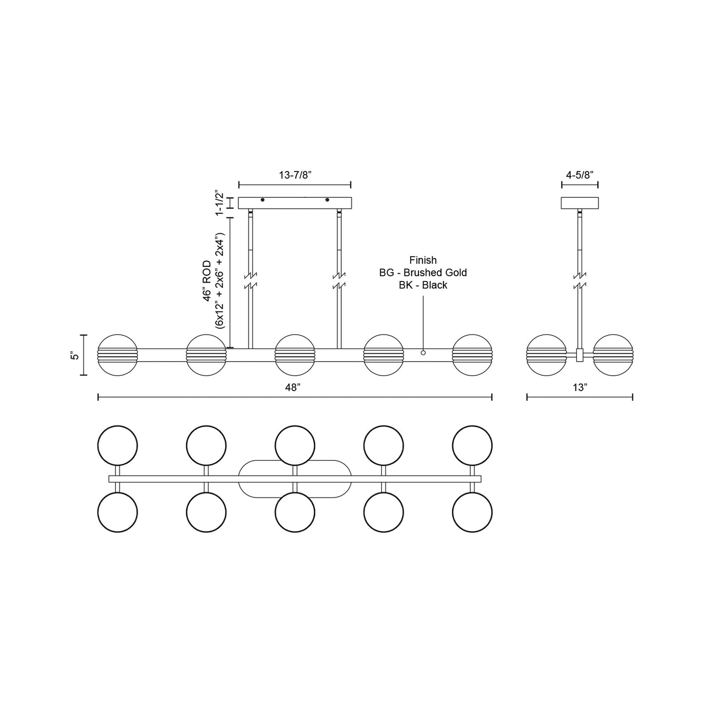 Selene Linear LED Pendant Light - line drawing.