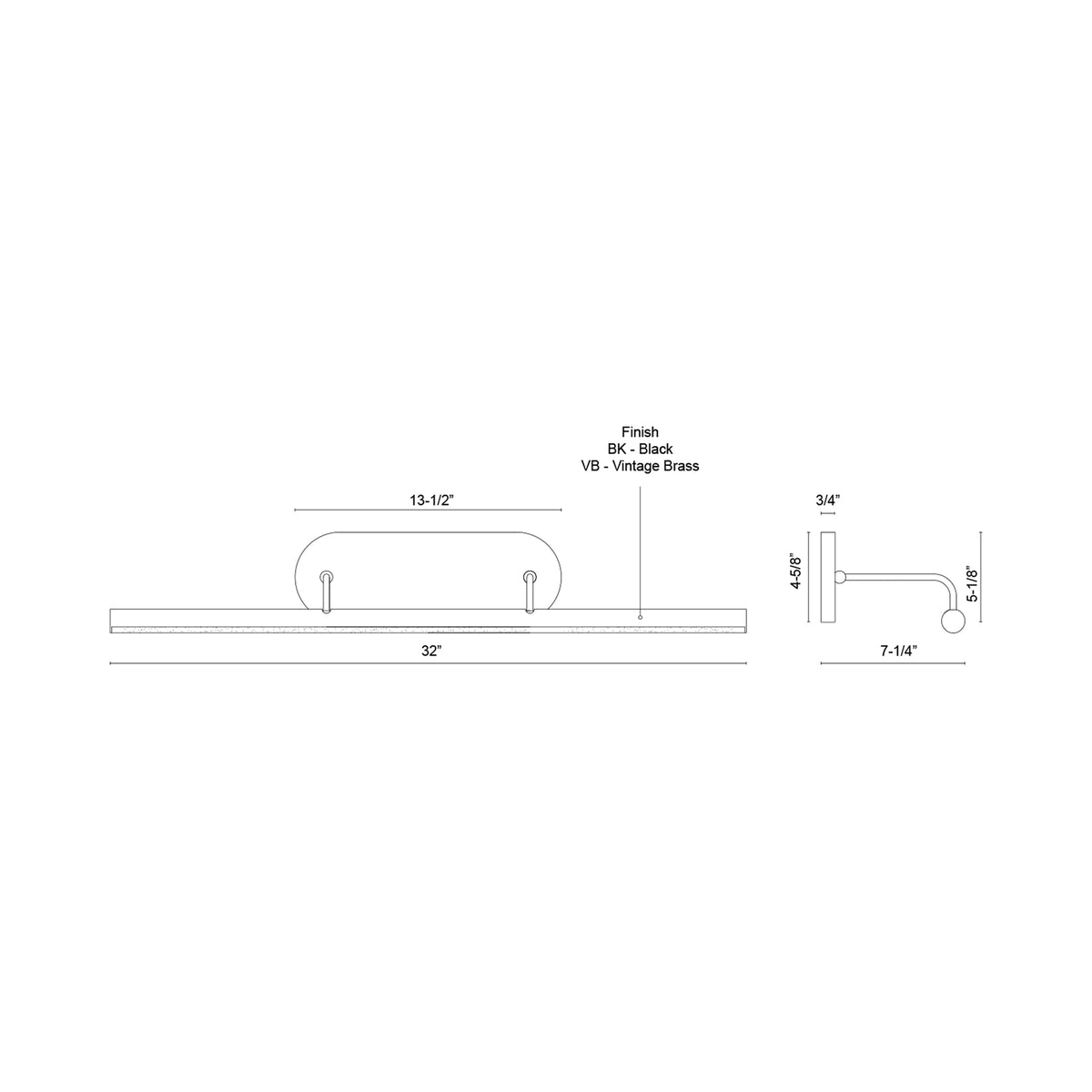 Slender LED Picture Light - line drawing.